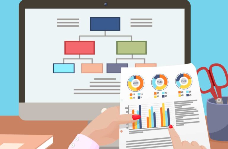 Ilustración de manos analizando gráficas, en el centro una representación de una pantalla con estructura de datos