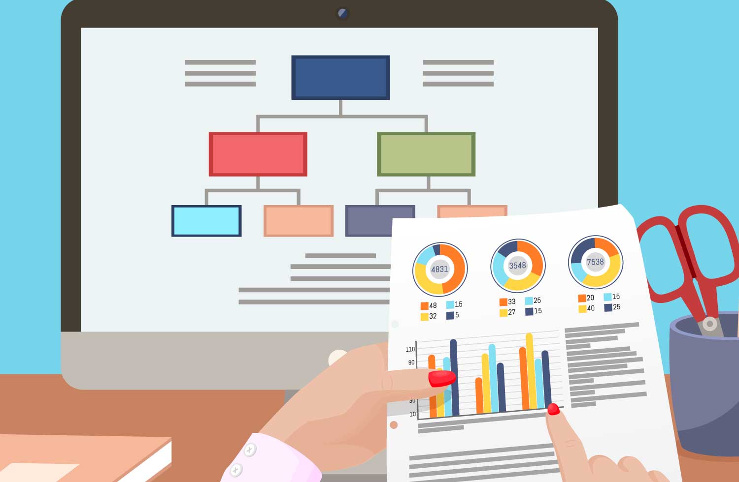 Ilustración de manos analizando gráficas, en el centro una representación de una pantalla con estructura de datos