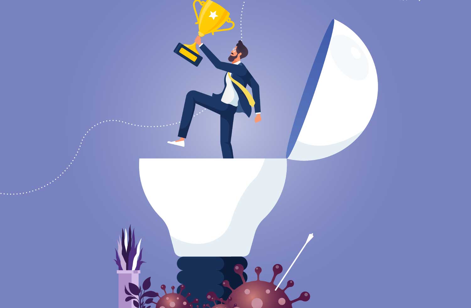 Design Thinking. Ilustración de un foco que se abre donde esta un hombre con un trofeo