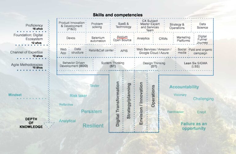 Imagen con fondo de montañas con opacidad y enfrente un t representando al perfil T-shaped