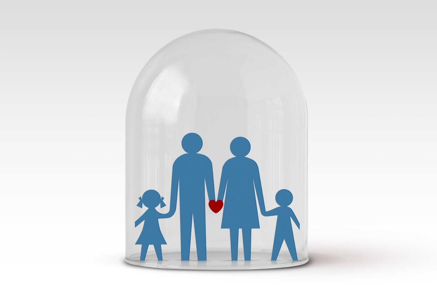 Ilustración de una familia protegida por una urna de cristal que representa el seguro de vida.